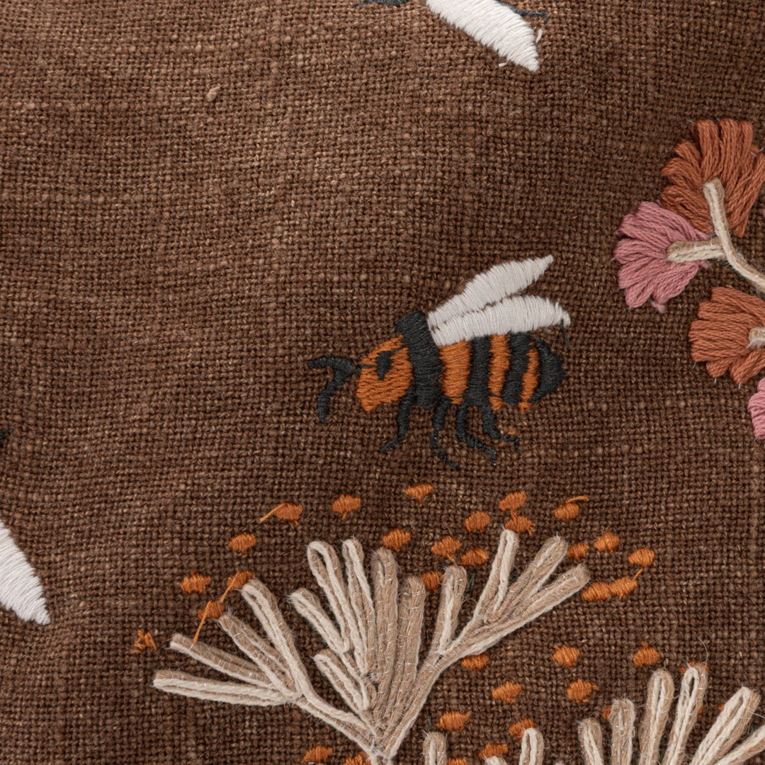 Stonewashed Cotton Slub Lumbar Pillow with Hand-Embroidered Flowers &amp; Bees, 20" x 14" embroidered bee detail - soft goods by Creative Co-Op - Whats New Furniture Portland OR