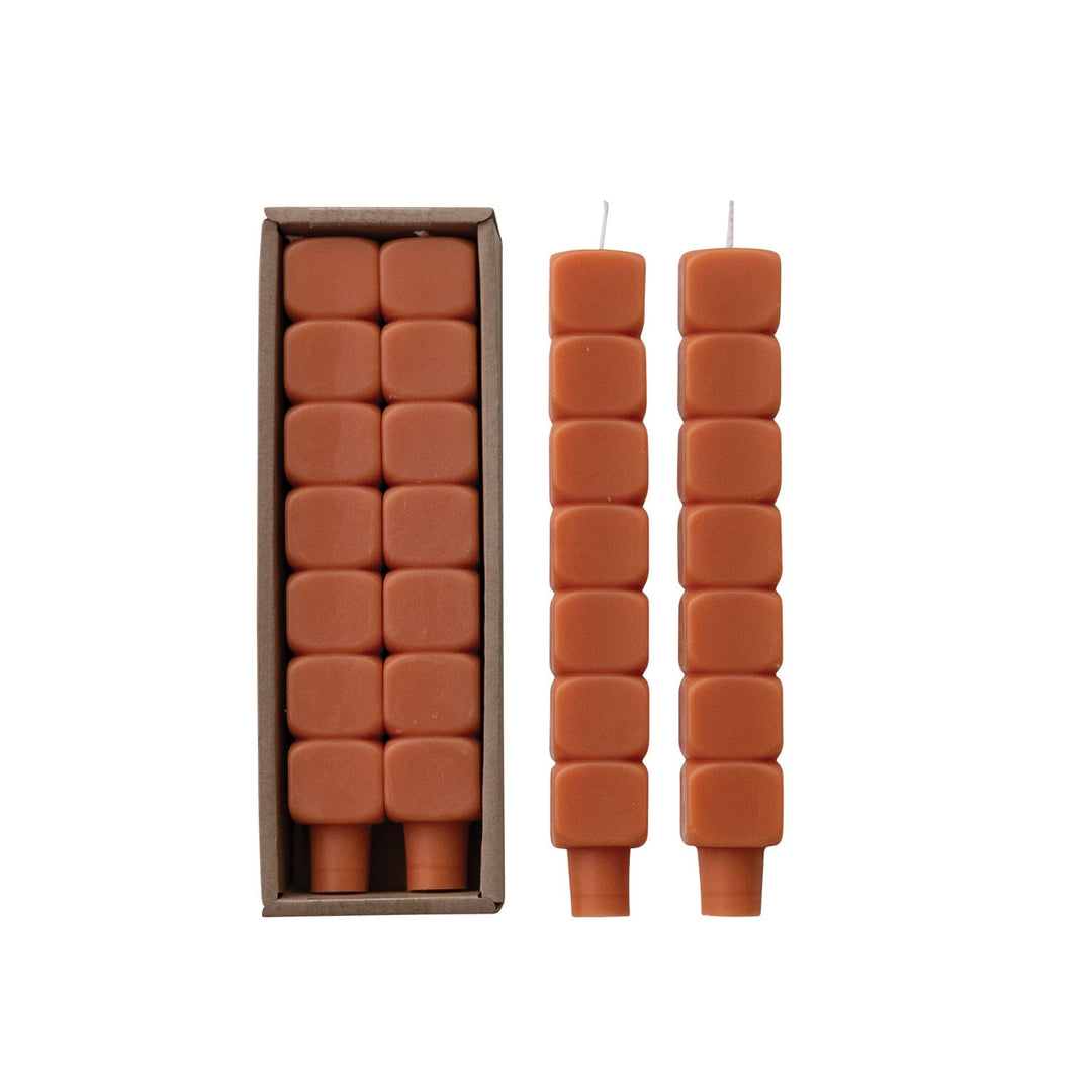 Rust stacked block taper candles set of two front view - Creative Co-Op - Whats New Furniture Portland OR