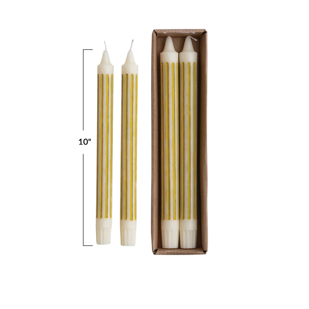 Single chartreuse striped taper candle close view - Creative Co-Op - Whats New Furniture Portland OR