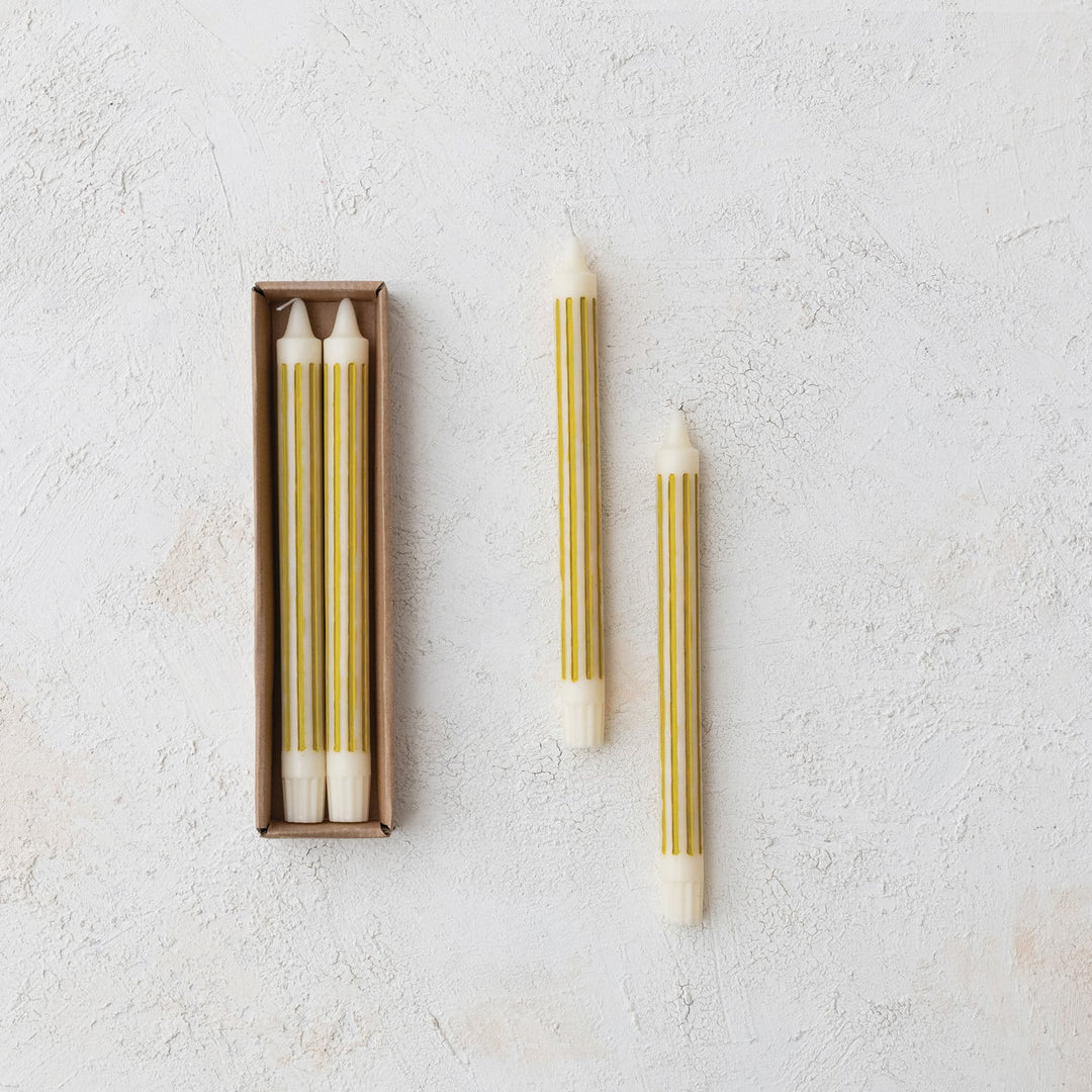 Chartreuse vertical striped paraffin taper candle pair detail - Creative Co-Op - Whats New Furniture Portland OR