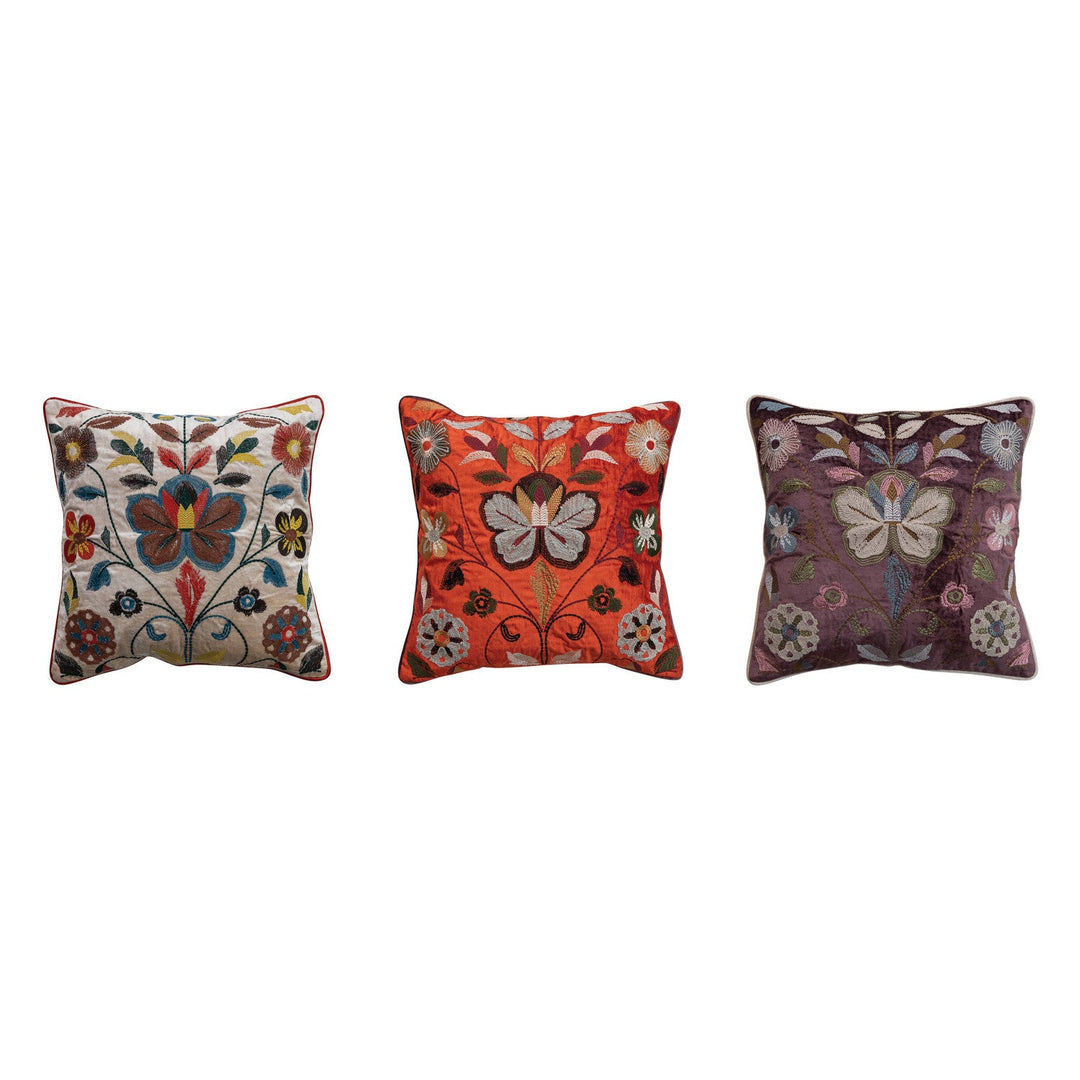 Velvet Pillow w/ Embroidered Botanical Pattern, Piping & Chambray Back - What's New Furniture - Portland, Oregon