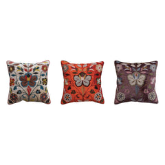 Velvet Pillow w/ Embroidered Botanical Pattern, Piping &amp; Chambray Back - What&