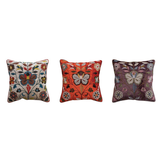 Velvet Pillow w/ Embroidered Botanical Pattern, Piping &amp; Chambray Back - What&