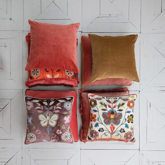 Velvet Pillow w/ Embroidered Botanical Pattern, Piping &amp; Chambray Back - What&