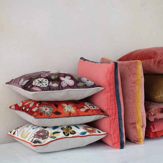 Velvet Pillow w/ Embroidered Botanical Pattern, Piping &amp; Chambray Back - What&