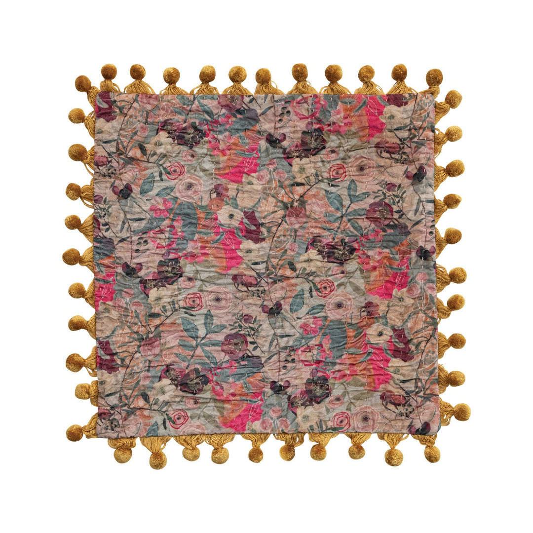 Velvet Printed Pillow w/ Hand - Embroidered Kantha Stitch, Pom Poms &amp; Chambray Back - What&
