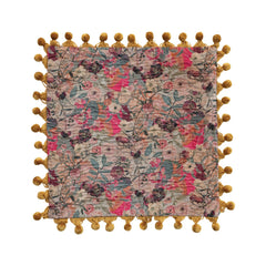 Velvet Printed Pillow w/ Hand - Embroidered Kantha Stitch, Pom Poms &amp; Chambray Back - What&