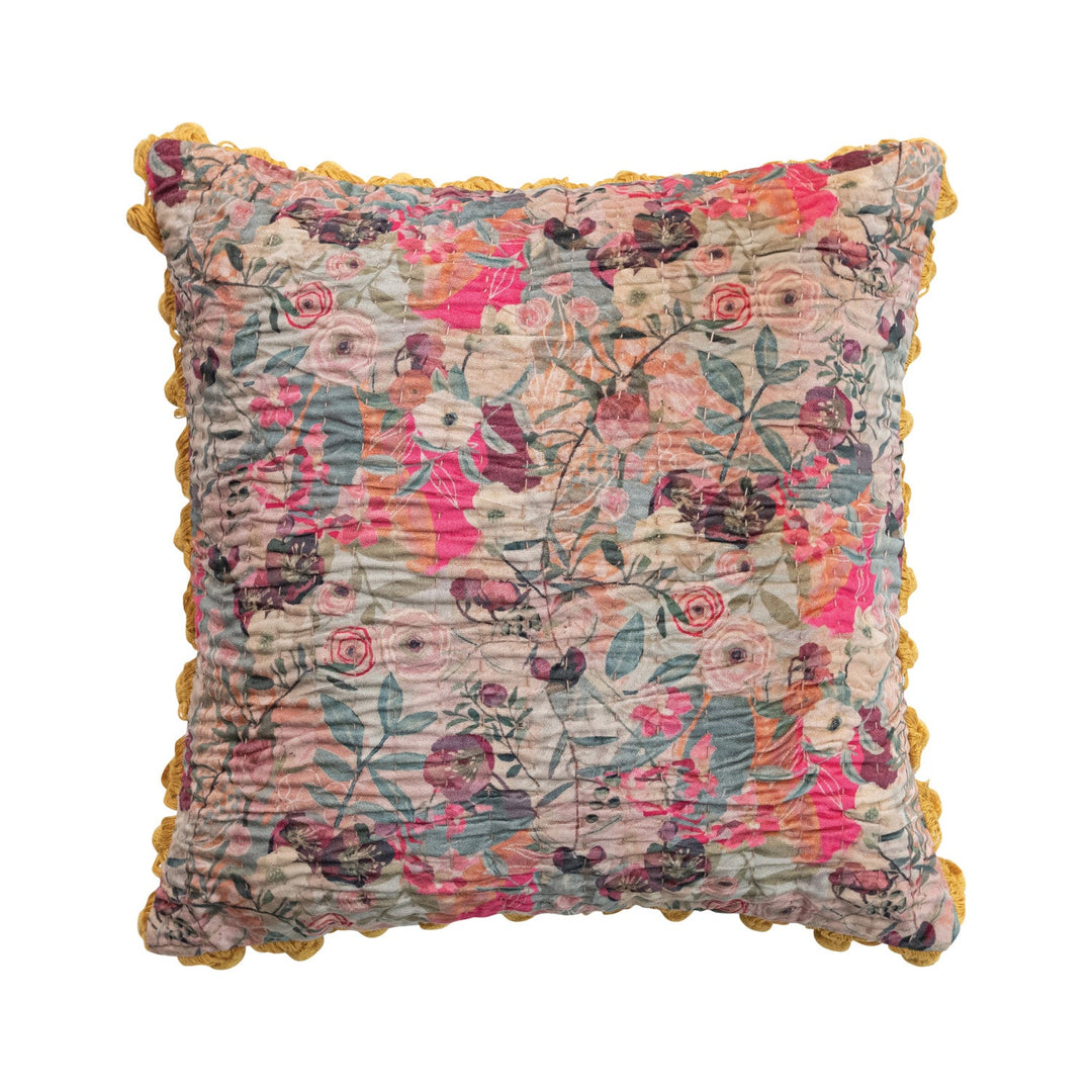 Velvet Printed Pillow w/ Hand - Embroidered Kantha Stitch, Pom Poms & Chambray Back - What's New Furniture - Portland, Oregon