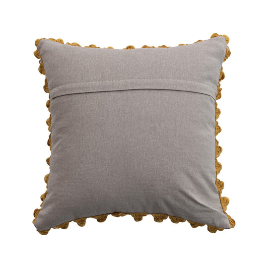 Velvet Printed Pillow w/ Hand - Embroidered Kantha Stitch, Pom Poms &amp; Chambray Back - What&