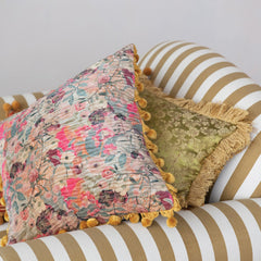 Velvet Printed Pillow w/ Hand - Embroidered Kantha Stitch, Pom Poms &amp; Chambray Back - What&