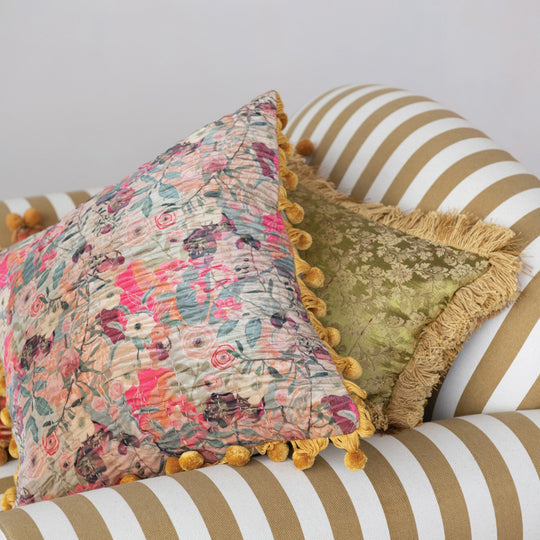 Velvet Printed Pillow w/ Hand - Embroidered Kantha Stitch, Pom Poms &amp; Chambray Back - What&