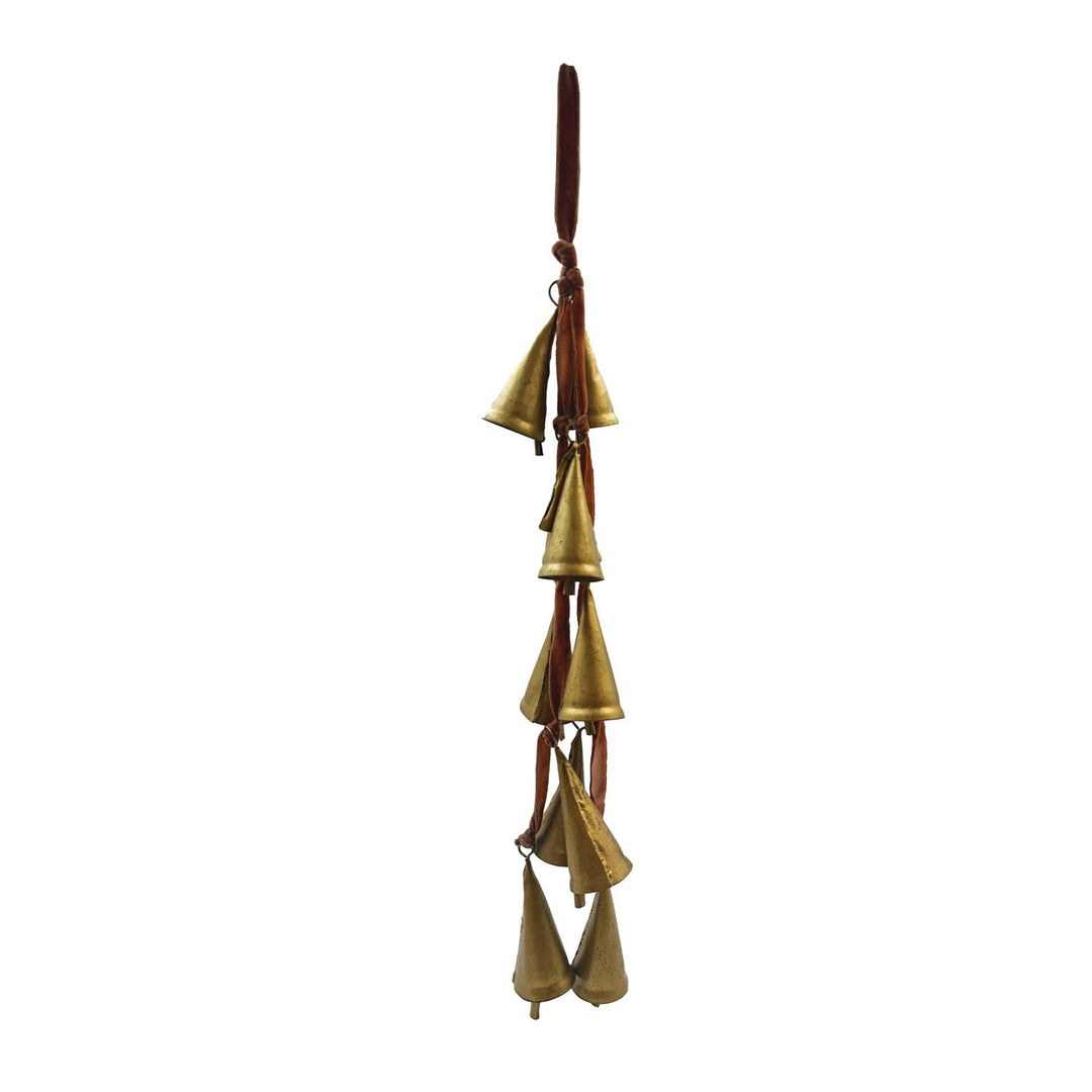 Velvet Ribbon Door Hanger with 10 antiqued brass cone bells full view - holiday decor by Creative Co-Op - Whats New Furniture Portland OR