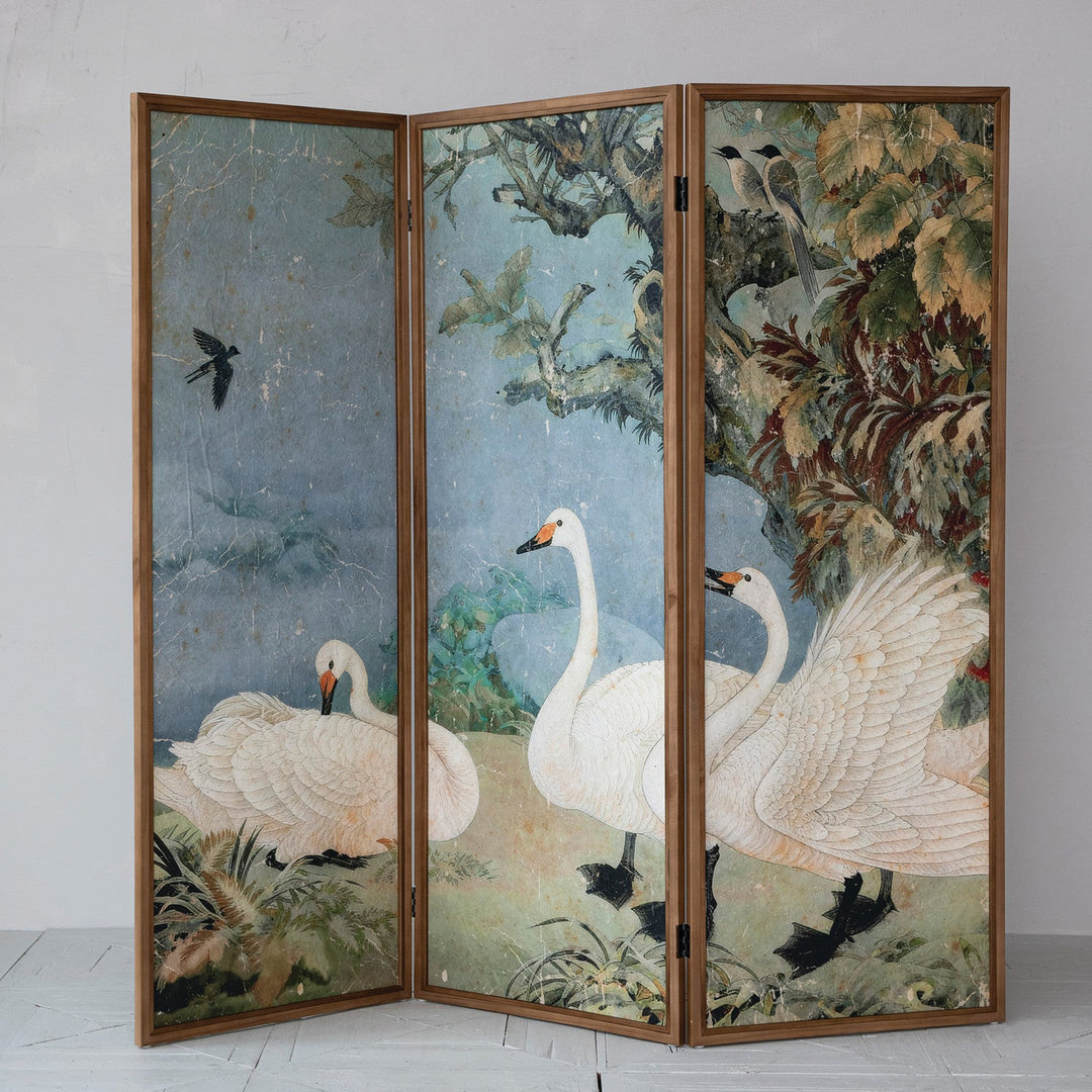 Wood-Framed Folding Room Divider with vintage swan scene shown fully open front view - three panel screen by Creative Co-Op - Whats New Furniture Portland OR
