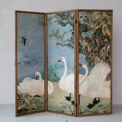 Wood-Framed Folding Room Divider with vintage swan scene shown fully open front view - three panel screen by Creative Co-Op - Whats New Furniture Portland OR