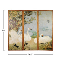 Dimension diagram of the wood-framed swan folding room divider showing 74.5 inch width and 68 inch height - Whats New Furniture Portland OR