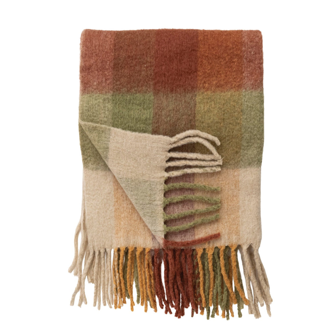 Woven Brushed Plaid Throw with Fringe, Natural &amp; Multi Color alternate view 4 - throw blanket by Creative Co-Op - Whats New Furniture Portland OR