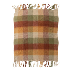 Woven Brushed Plaid Throw with Fringe, Natural &amp; Multi Color front view - throw blanket by Creative Co-Op - Whats New Furniture Portland OR