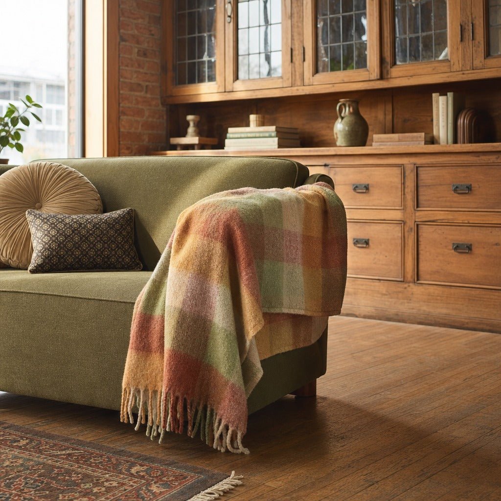 Woven Brushed Plaid Throw with Fringe, Natural &amp; Multi Color styled in a Portland living room - Whats New Furniture