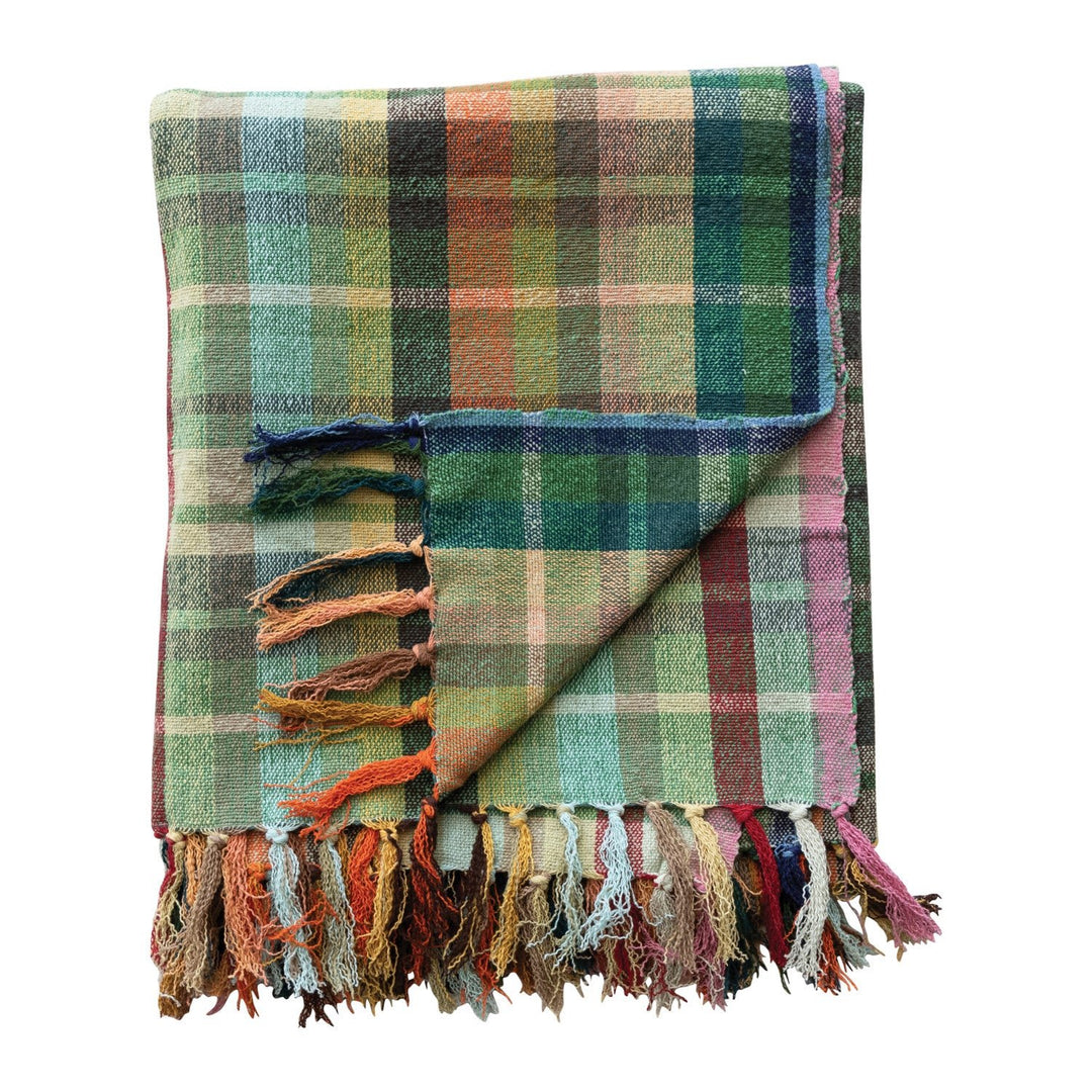 Woven Cotton Plaid Throw with Fringe, Multi Color alternate view 1 - throw blanket by Creative Co-Op - Whats New Furniture Portland OR