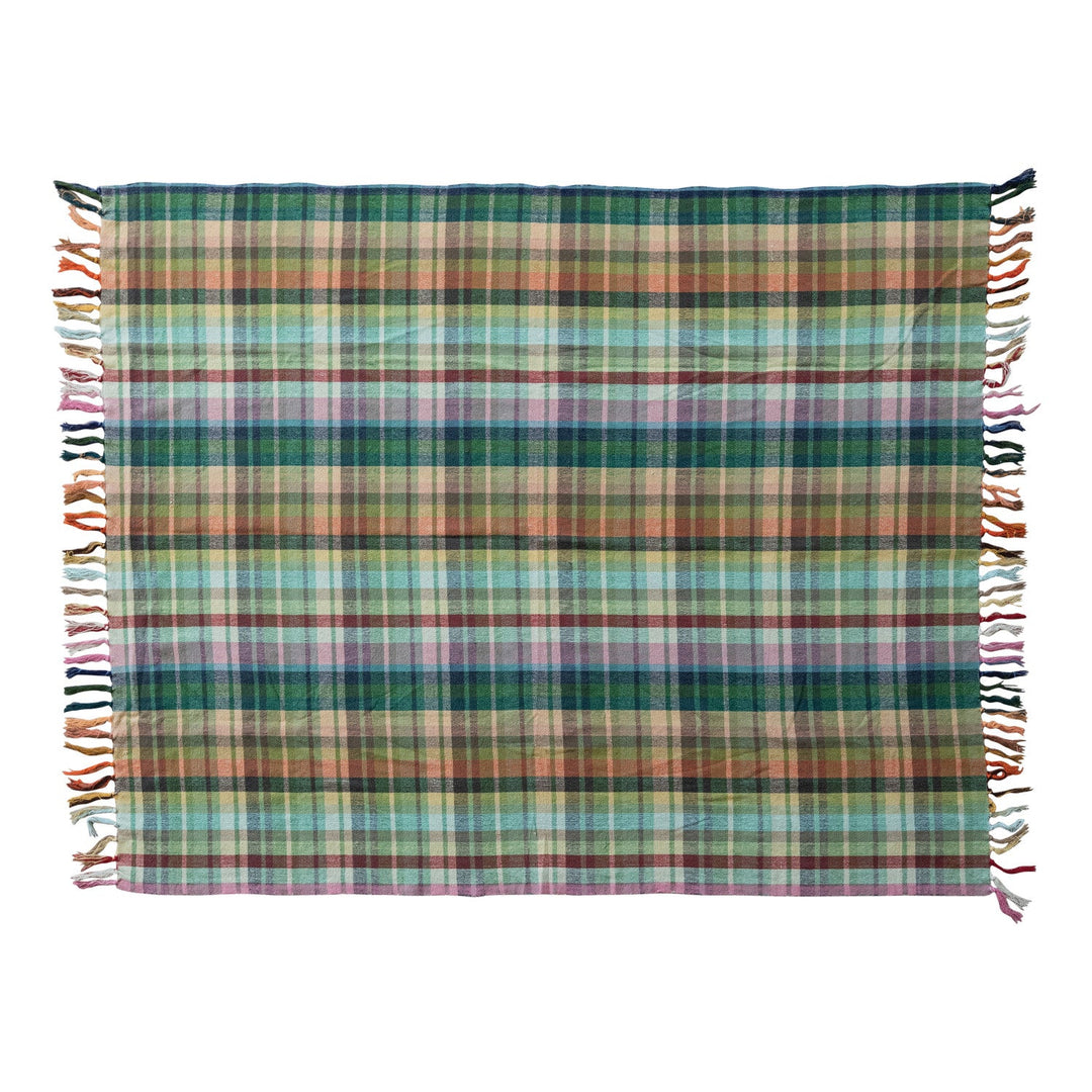 Woven Cotton Plaid Throw with Fringe, Multi Color front view - throw blanket by Creative Co-Op - Whats New Furniture Portland OR