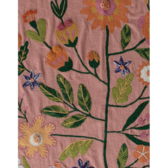 Close-up of the hand-embroidered daisies and leaves on the dusty peach cotton throw - Creative Co-Op throw - Whats New Furniture Portland OR