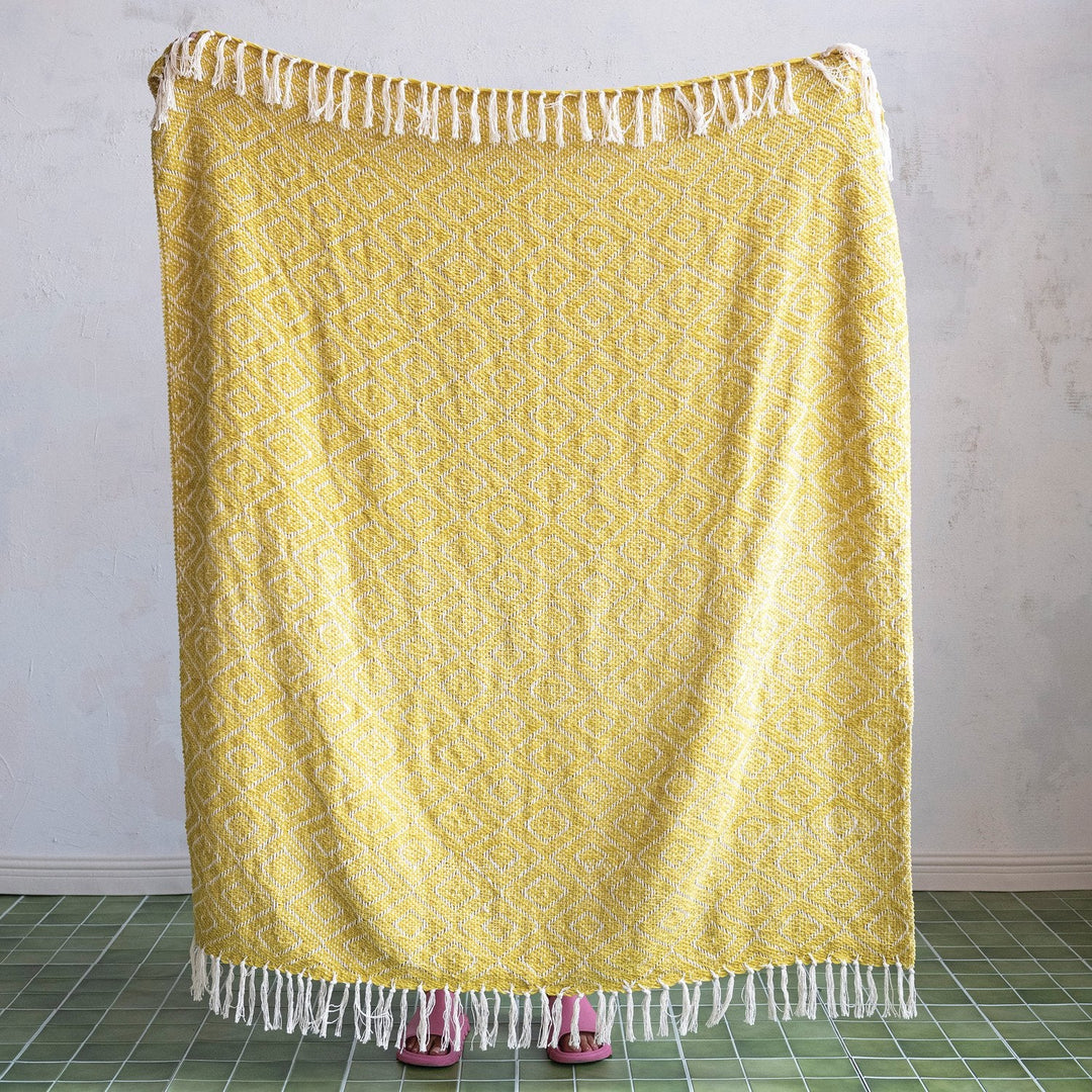 Woven Fabric Chenille Throw with Diamond Pattern &amp; Fringe