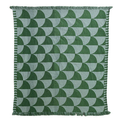 Woven Indoor Outdoor Throw with green scalloped fan pattern and fringe laid flat - outdoor throw by Creative Co-Op - Whats New Furniture Portland OR