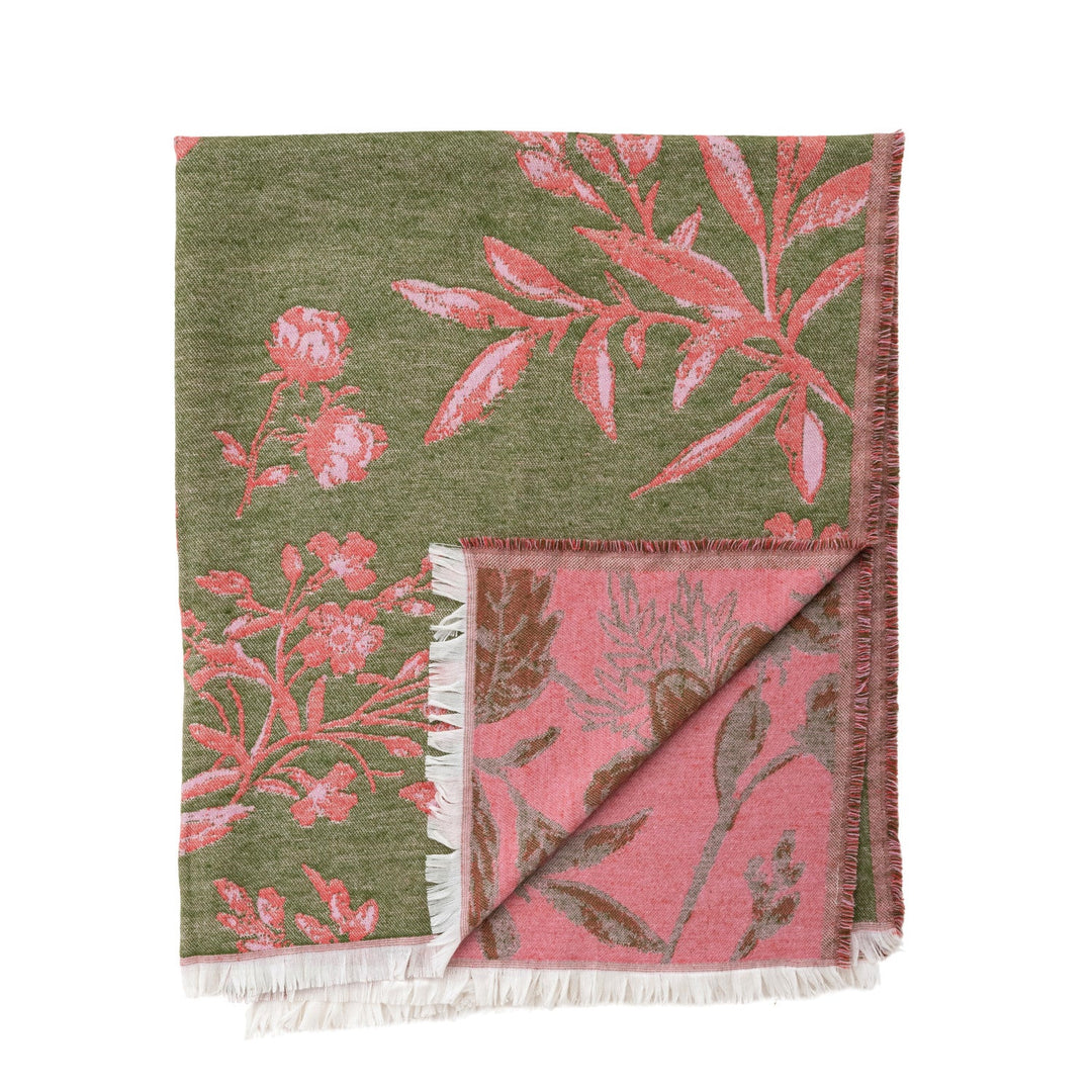 Woven Jacquard Botanical Throw with Fringe, Green &amp; Pink alternate view 1 - throw blanket by Creative Co-Op - Whats New Furniture Portland OR