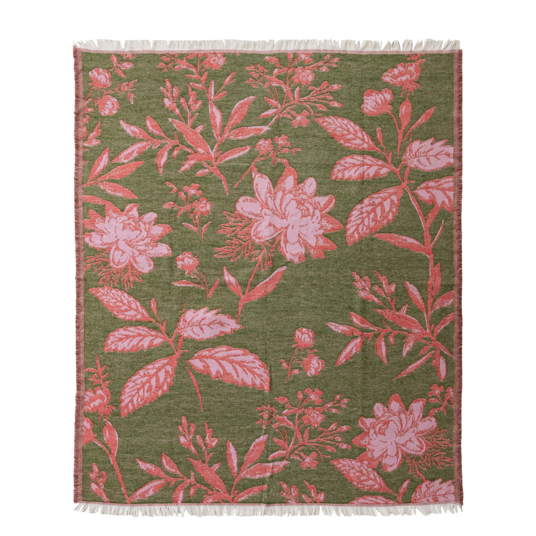 Woven Jacquard Botanical Throw with Fringe, Green &amp; Pink front view - throw blanket by Creative Co-Op - Whats New Furniture Portland OR
