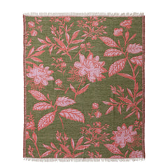 Woven Jacquard Botanical Throw with Fringe, Green &amp; Pink front view - throw blanket by Creative Co-Op - Whats New Furniture Portland OR