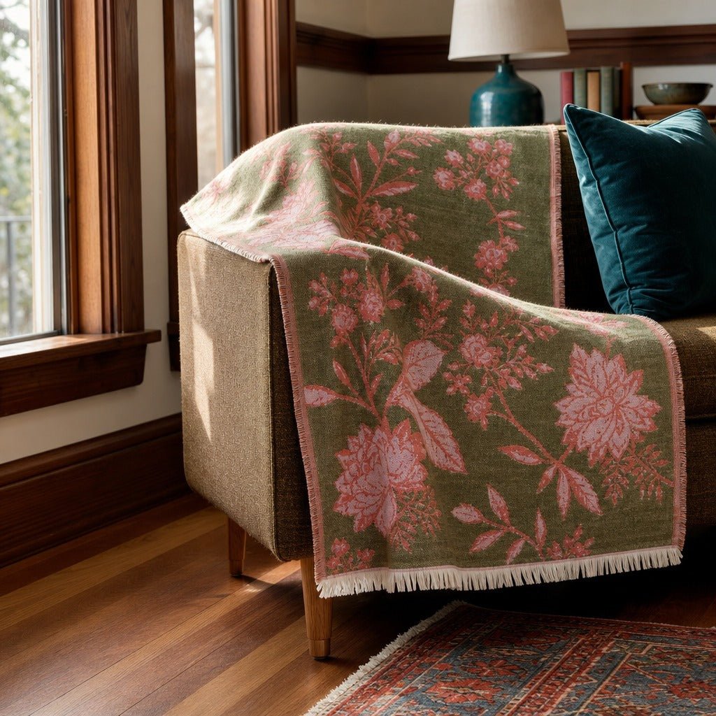 Woven Jacquard Botanical Throw with Fringe, Green &amp; Pink styled in a Portland living room - Whats New Furniture