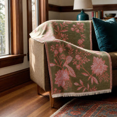 Woven Jacquard Botanical Throw with Fringe, Green &amp; Pink styled in a Portland living room - Whats New Furniture
