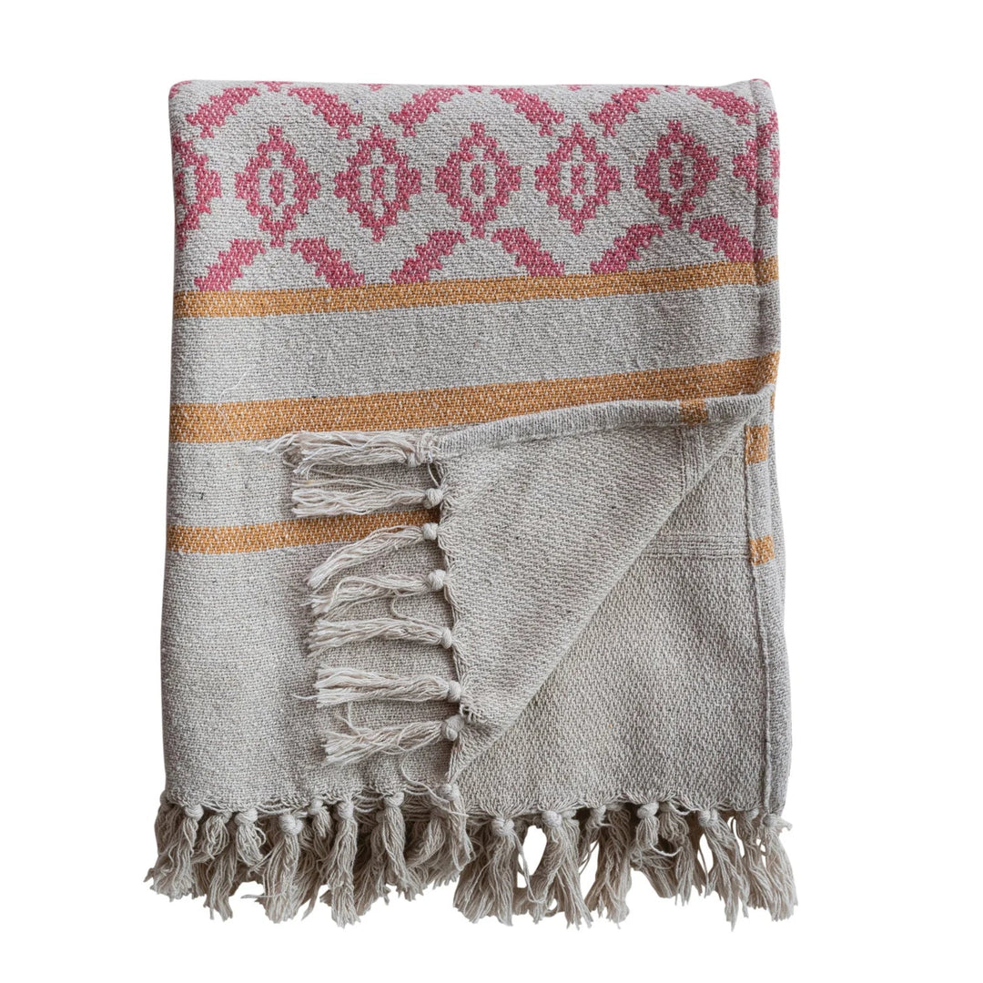 Woven Recycled Cotton Blend Jacquard Throw with Stripes &amp; Fringe