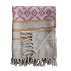Woven Recycled Cotton Blend Jacquard Throw with Stripes &amp; Fringe