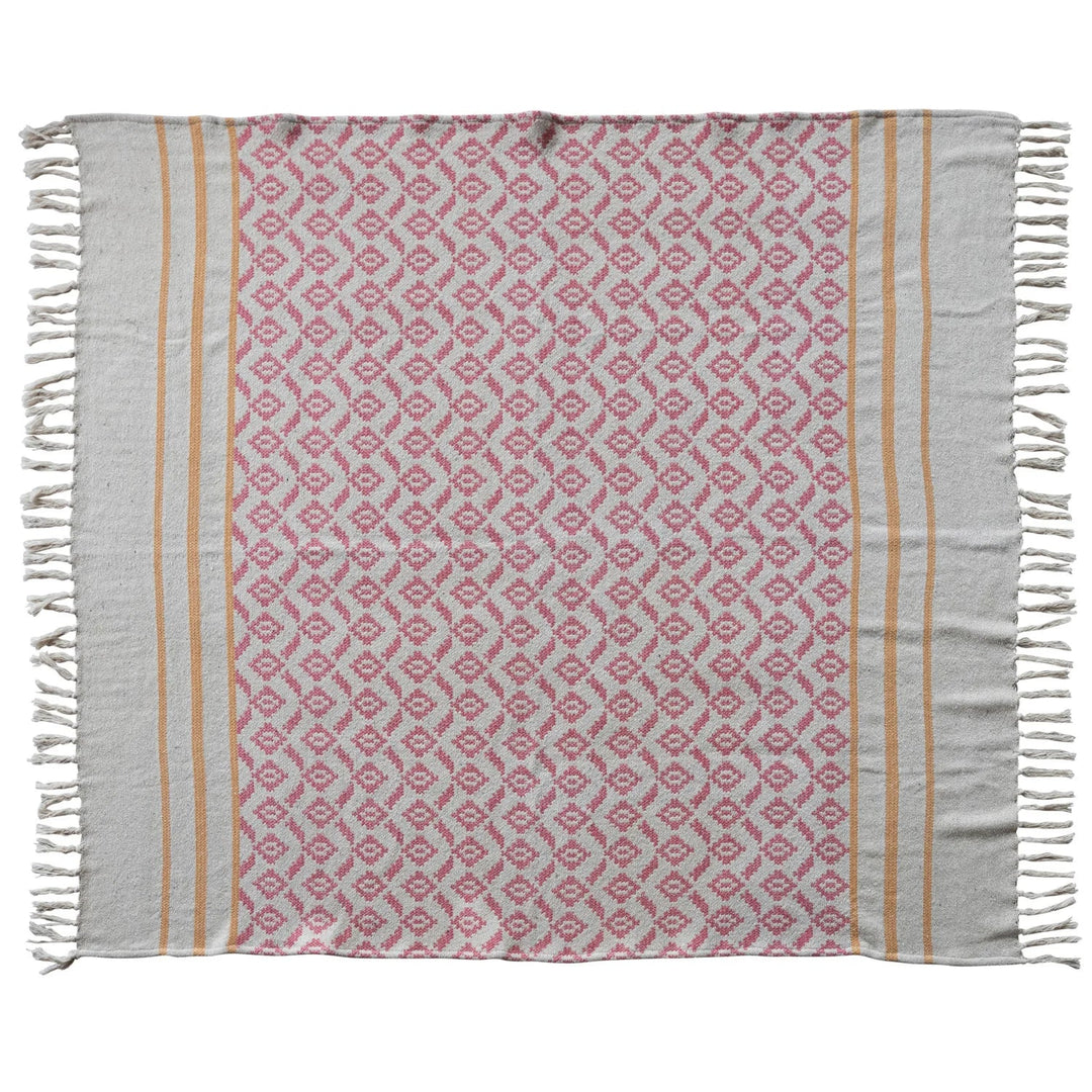 Woven Recycled Cotton Blend Jacquard Throw with Stripes & Fringe