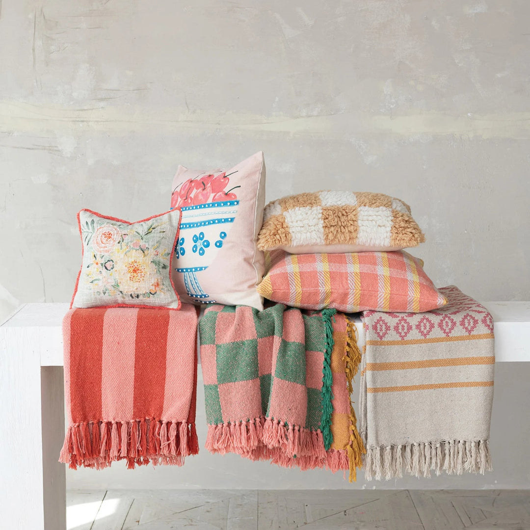 Woven Recycled Cotton Blend Jacquard Throw with Stripes &amp; Fringe