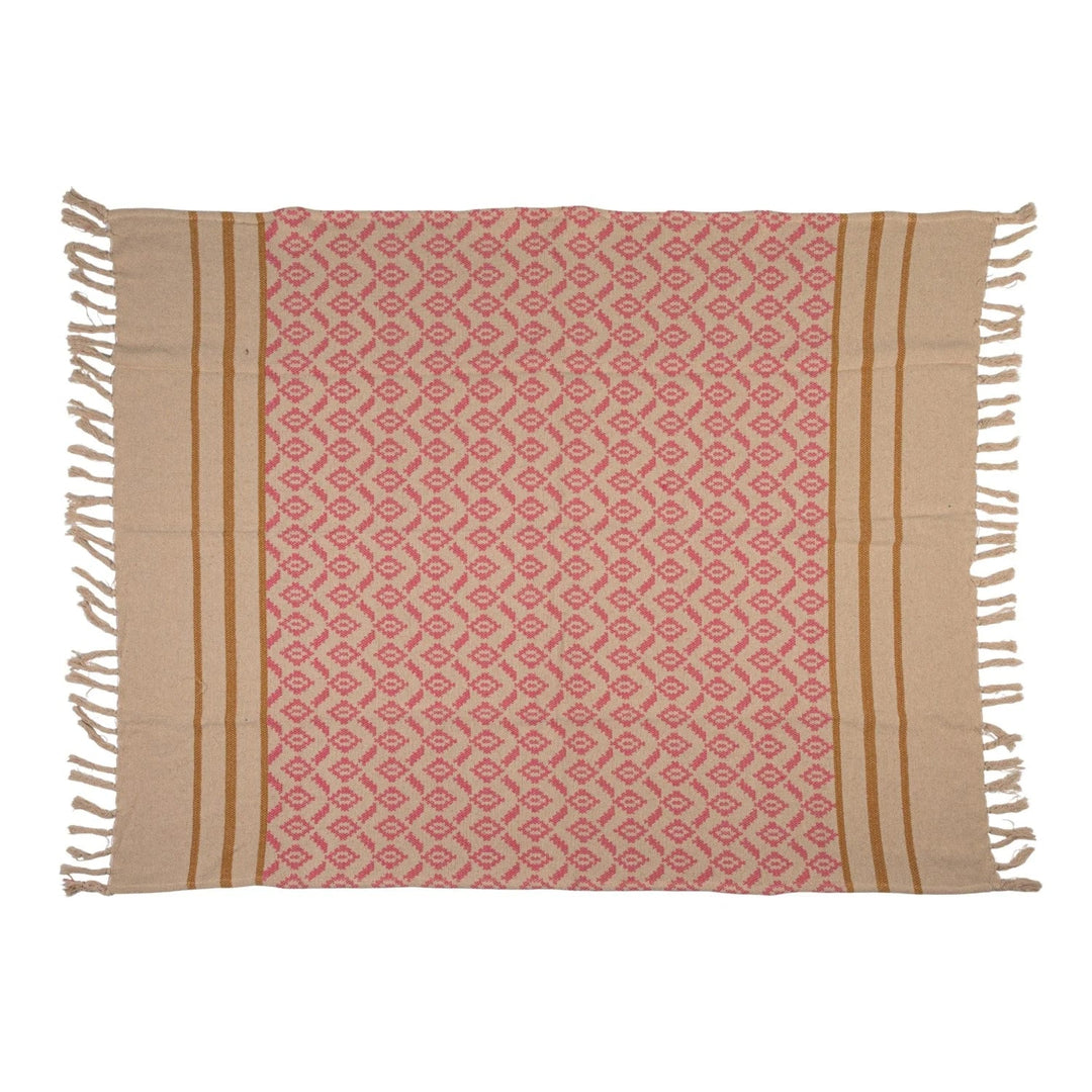 Woven Recycled Cotton Blend Jacquard Throw with Stripes &amp; Fringe