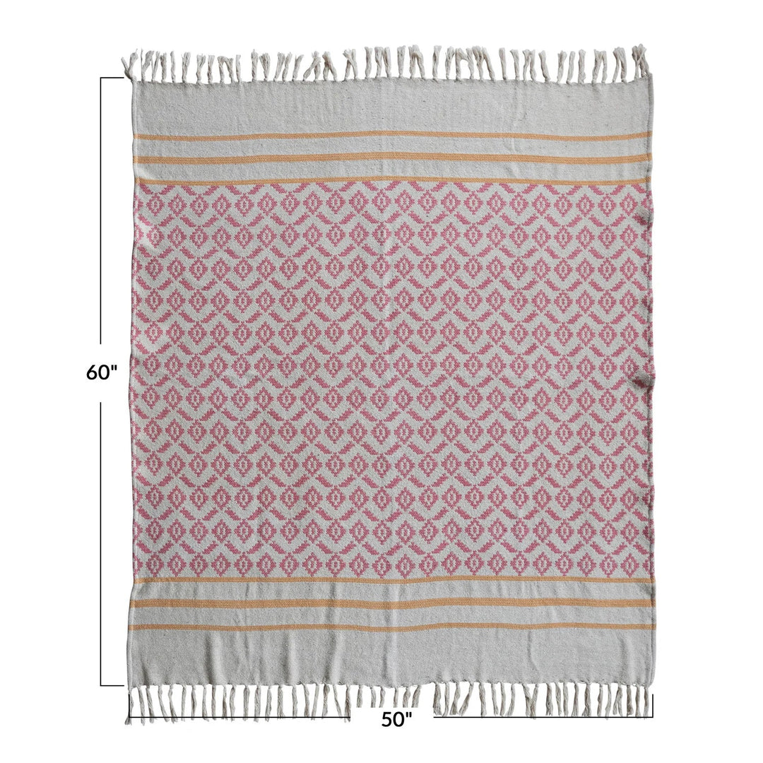 Woven Recycled Cotton Blend Jacquard Throw with Stripes &amp; Fringe