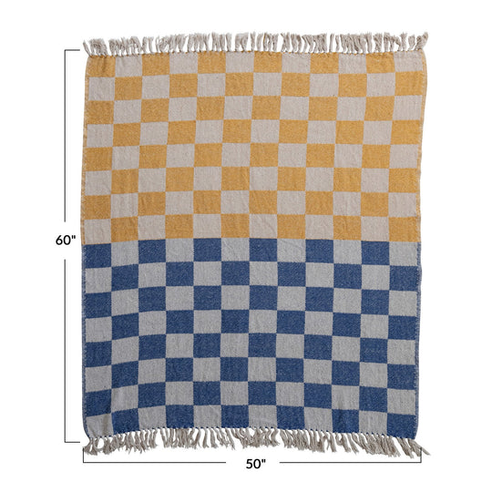 Woven Recycled Cotton Blend Throw with Check Pattern & Fringe - Whats New Furniture - Portland, Oregon
