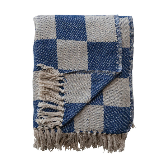 Woven Recycled Cotton Blend Throw with Check Pattern & Fringe - Whats New Furniture - Portland, Oregon