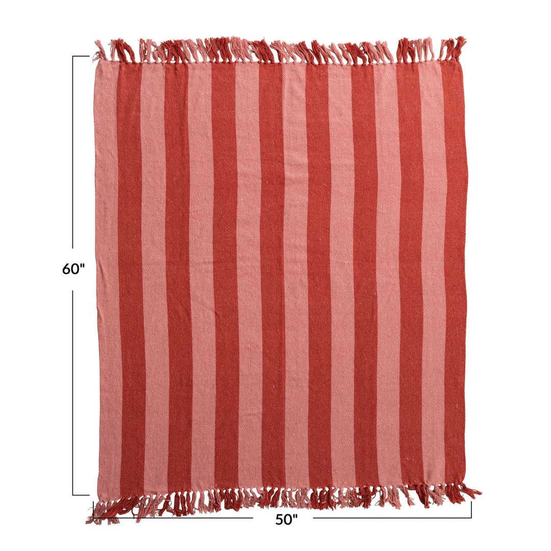Woven Recycled Cotton Blend Throw with Stripes &amp; Fringe