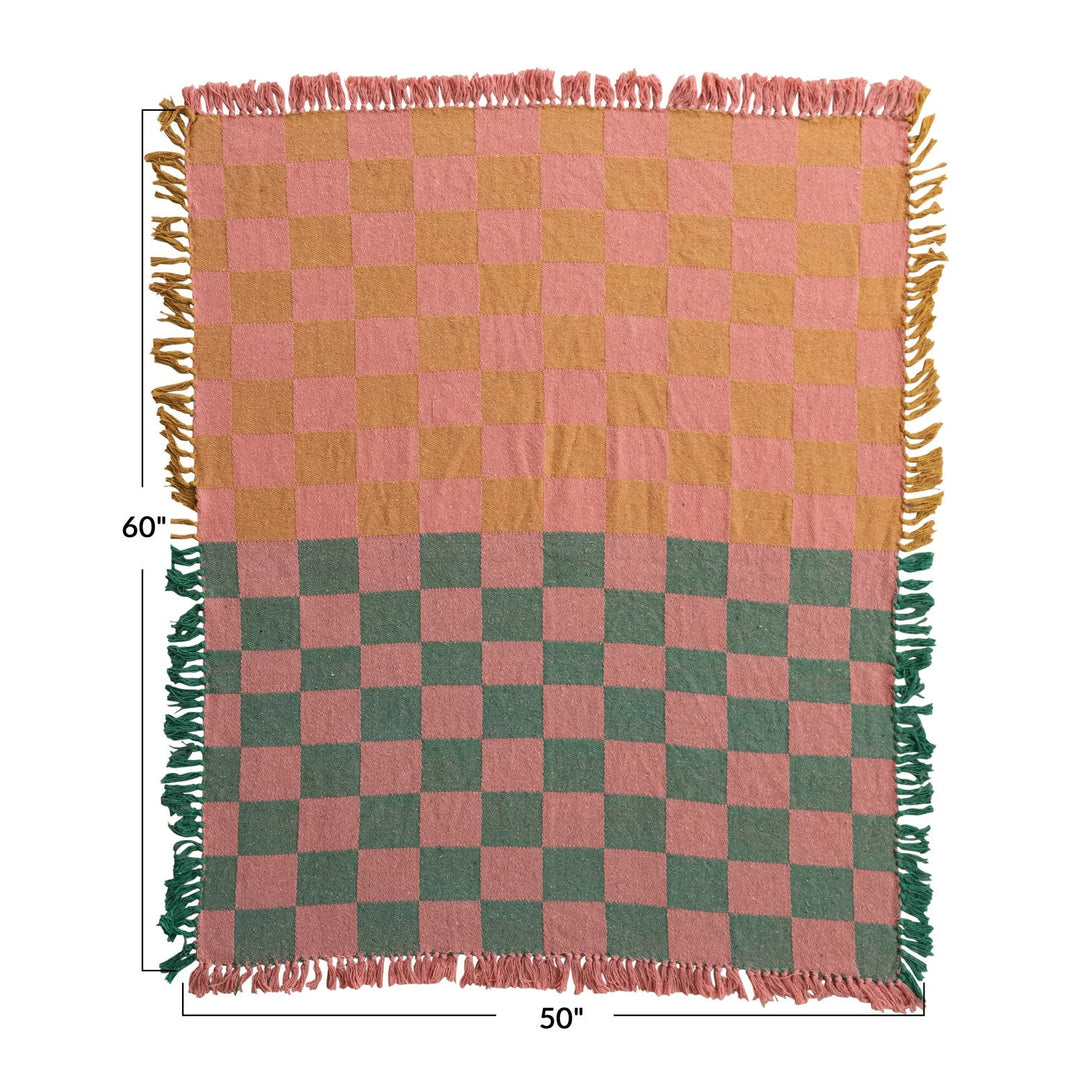 Woven Recycled Cotton Blend Two-Tone Checked Throw with Fringe