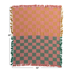 Woven Recycled Cotton Blend Two-Tone Checked Throw with Fringe