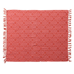 Woven Recycled Cotton Jacquard Throw with floral pattern and fringe in pink and red laid flat - throw by Creative Co-Op - Whats New Furniture Portland OR