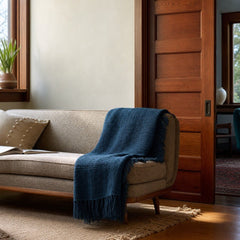 Woven Viscose Throw with Fringe, Navy styled in a Portland living room - Whats New Furniture