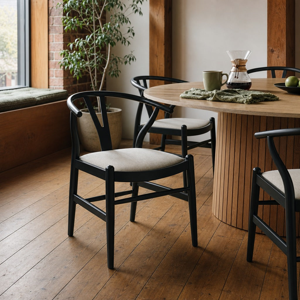 Crestmont Wood Wishbone Dining Side Chair Black Set Of 2 styled in Portland converted warehouse flat with warm exposed brick and fir timber beams (no steel, no concrete) living room - What&