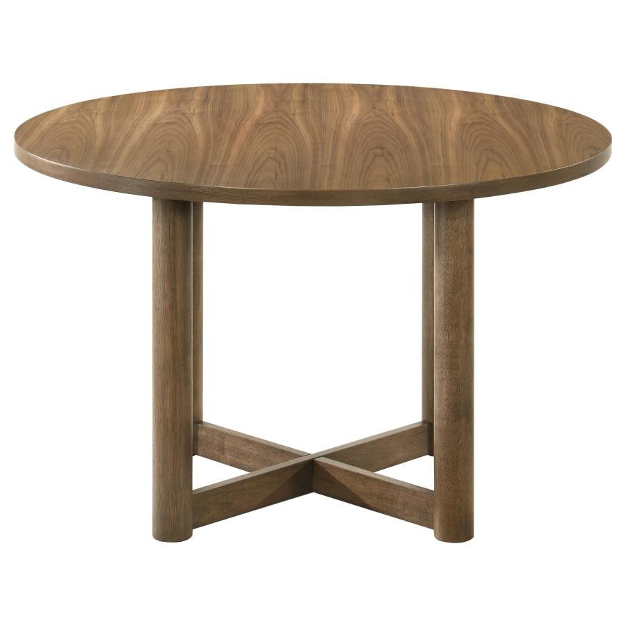 Crestmore Round Wood Dining Table in walnut side angle - round walnut dining table by Coaster - Whats New Furniture Portland OR