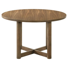 Crestmore Round Wood Dining Table in walnut side angle - round walnut dining table by Coaster - Whats New Furniture Portland OR