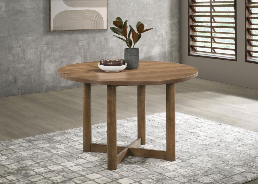 Crestmore Round Wood Dining Table in walnut lifestyle setting - round walnut dining table by Coaster - Whats New Furniture Portland OR