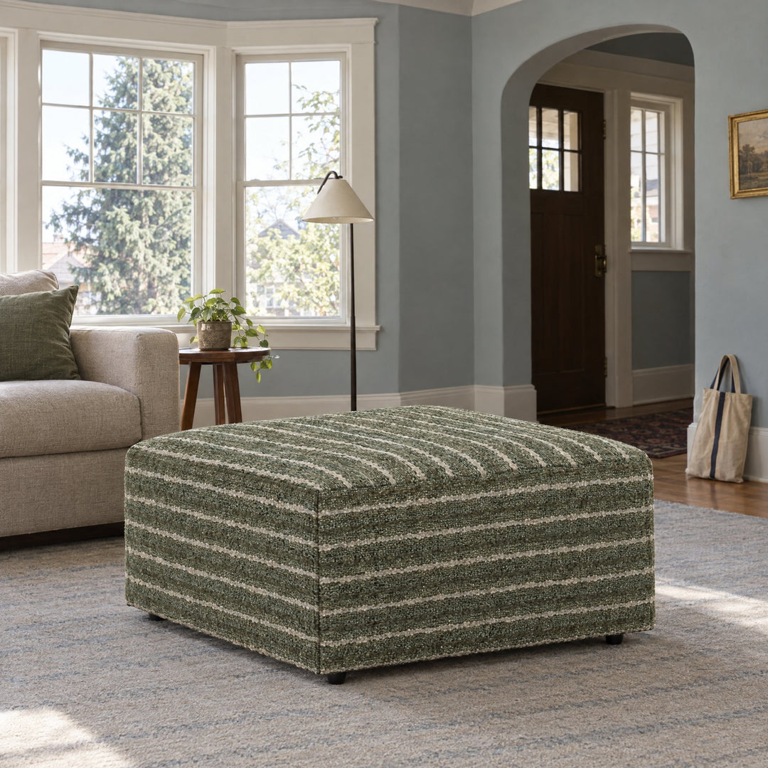Crosby Ottoman in Mio Herb styled in a Portland home - room view 3 - Whats New Furniture